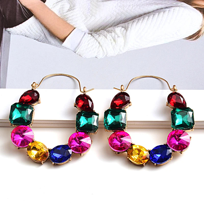 Luxury Crystal Beads Hoop Earrings for Women Geometric Hollow Shiny Rhinestone Dangle Drop Earring Party Fashion Jewelry