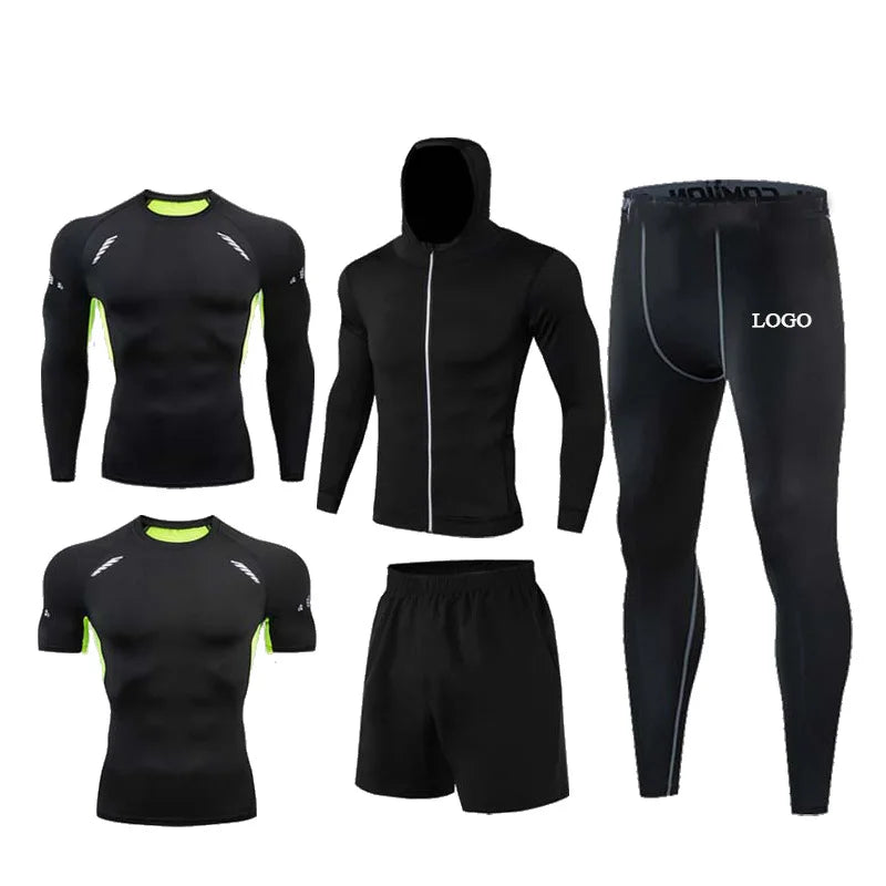 RUIQUWIN Training Sports Running Suit Men Breathable Quick Drying Fitness Suit Five-piece Yoga Tight Long-sleeved Sweat Suit