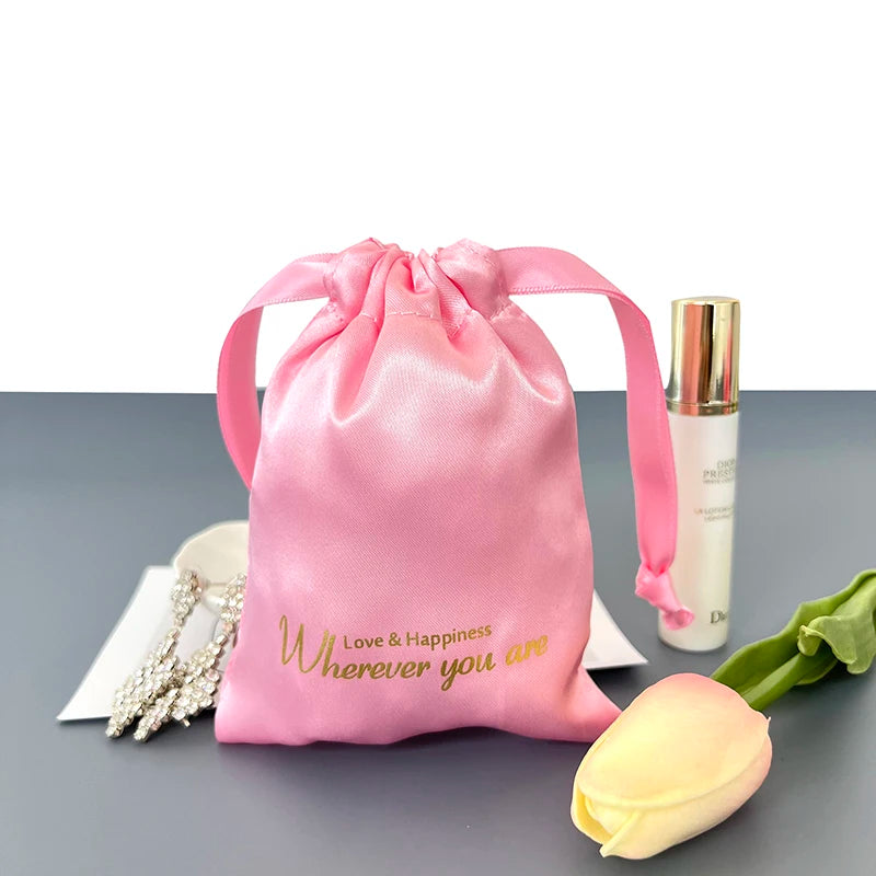 Wholesale Custom Printing logo Satin Storage Packaging Drawstring Dust Bags for Clothes Shoes Handbags