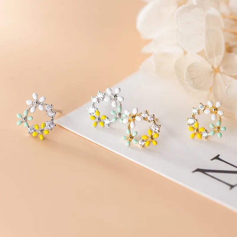925 Sterling Silver Jewelry Enamel Flower Shape Cubic Zirconia Gold Plated Stud Earrings Fashion Jewellery for Women