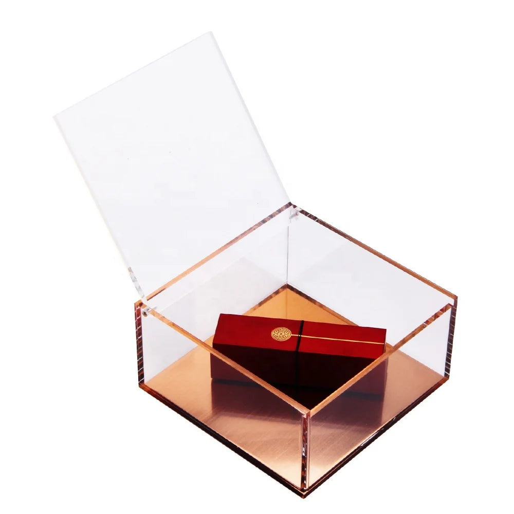 Rose Golden Metallic Effect Small Size square Acrylic Box with Lid Storing Earrings Jewelry