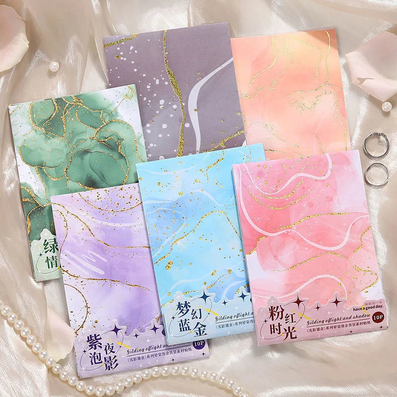 10pieces/pack Material Stickers Light and Shadow Gilding Series Blooming Gilding Background Journal Decoration Collage 6 Models