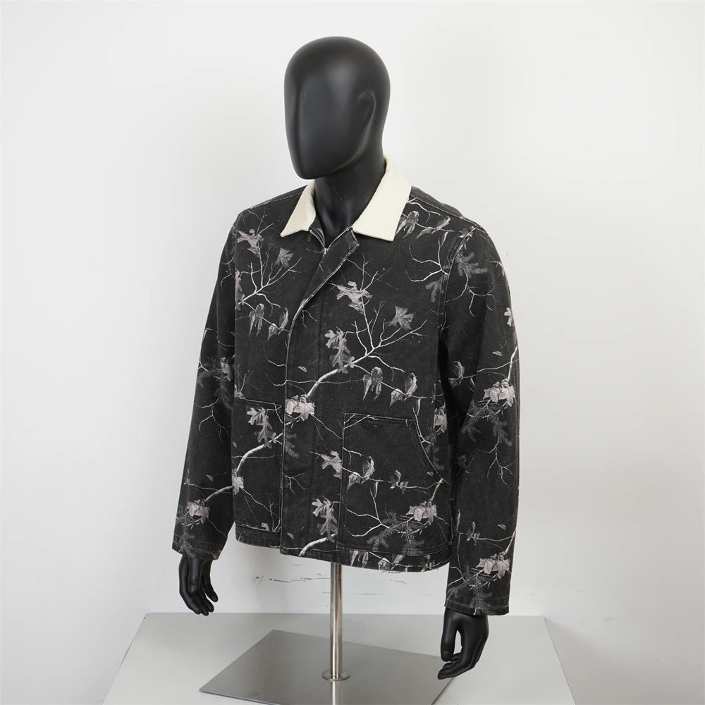 TOPSHOW Designer Custom Real Tree Digital Printed Carpenter Work Washed Zip up Crop Canvas Jacket for Men