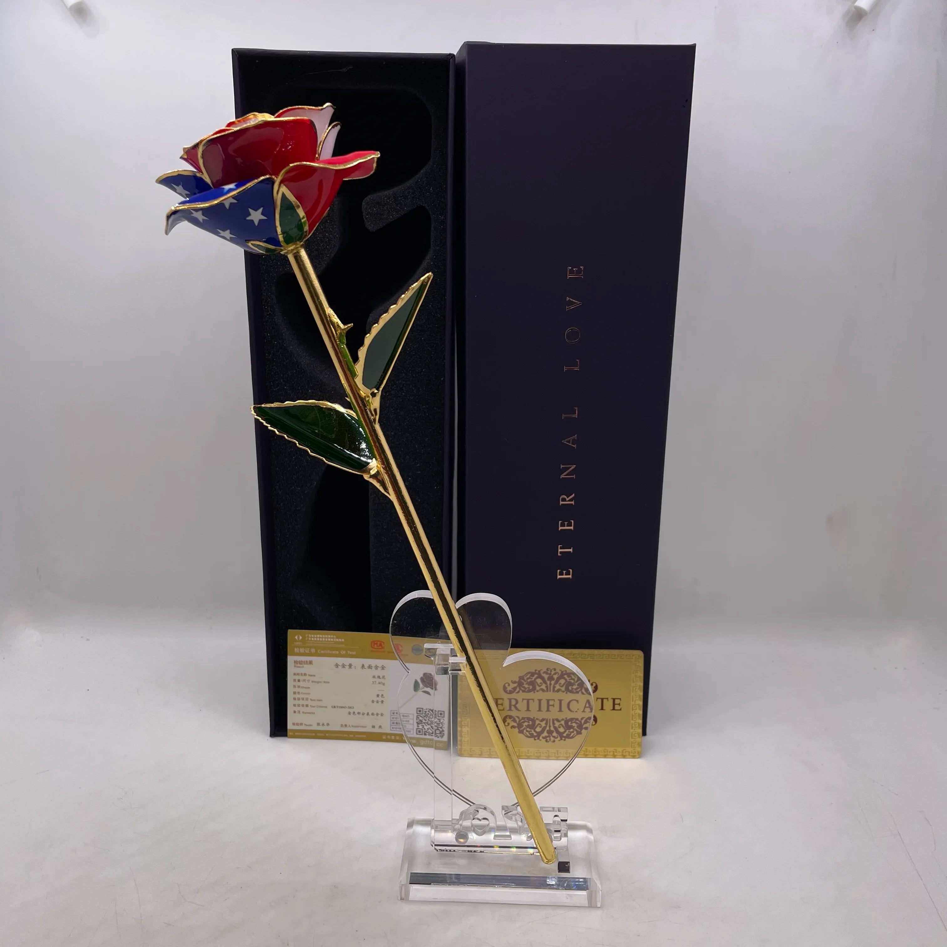 USA Flag Gold Plated Eternal Rose Artificial Flowers with Gift Box and Heart Design Stand for Valentines Day Gift
