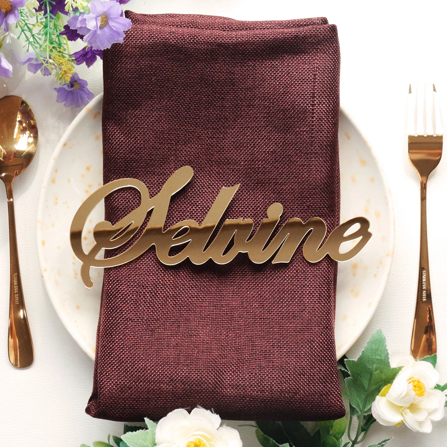 Elegant Laser Cut Tag Gold Mirror Acrylic Welcome Name Tag Menu Card With Different Design for Table Plate Decoration