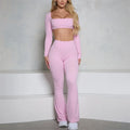 OEM Pink Square Neck Long Sleeve Crop Top and High Waist Scrunch Butt Flare Pant Set Buttery Soft Yoga Set