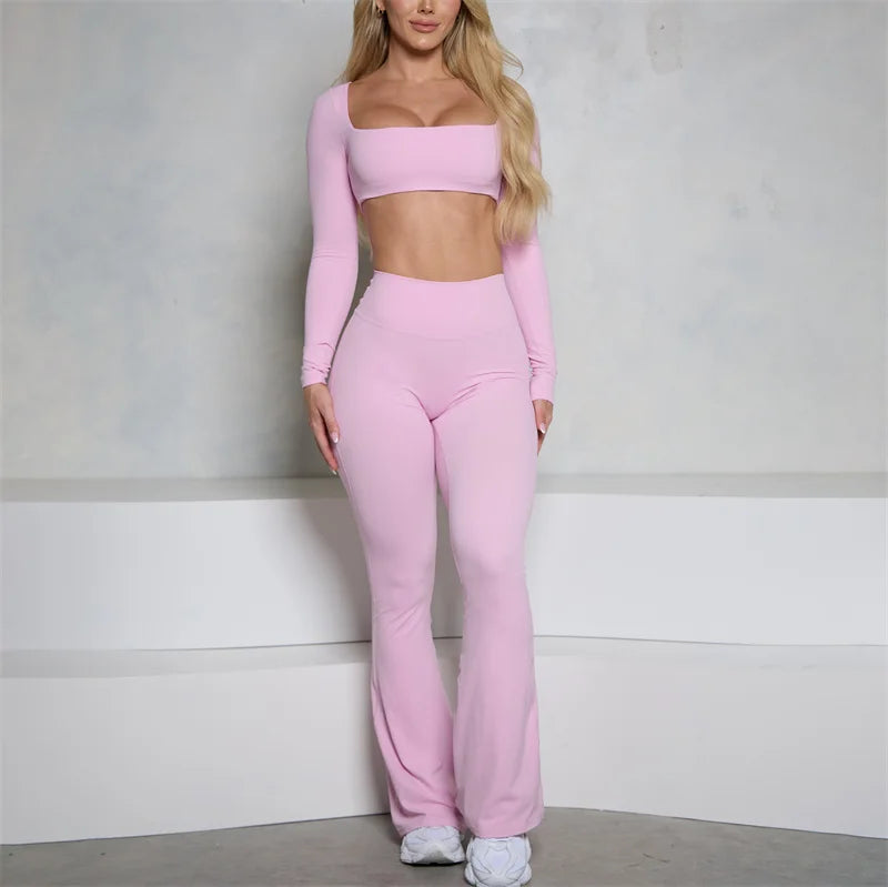OEM Pink Square Neck Long Sleeve Crop Top and High Waist Scrunch Butt Flare Pant Set Buttery Soft Yoga Set