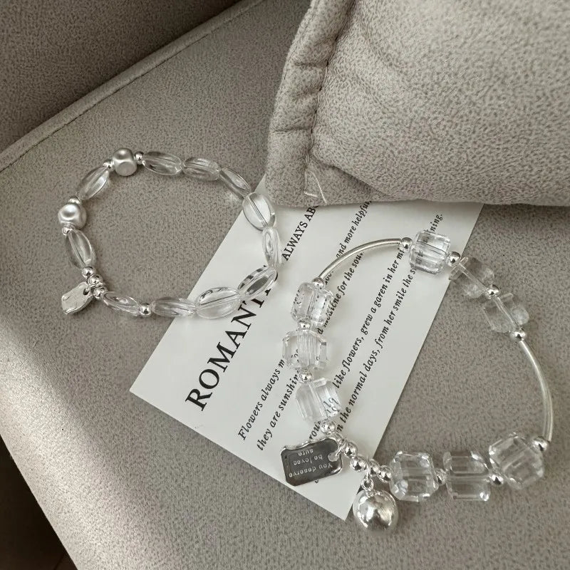 Pure Handmade 925 Sterling Silver White Natural Crystal Beaded Bracelet Women Gifts Jewelry