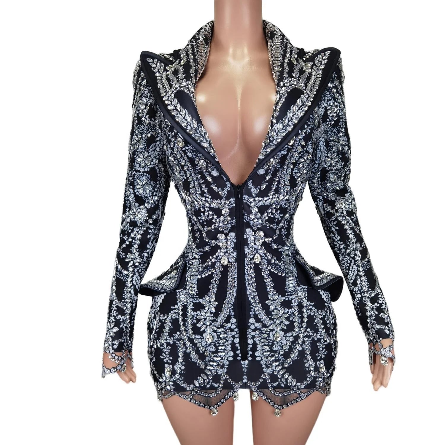 Luxury Long Sleeve Singer Dancer Stage Performance Suit Coat Night Club Party Blazers Jackets Women Sexy Diamond Blazers Dress