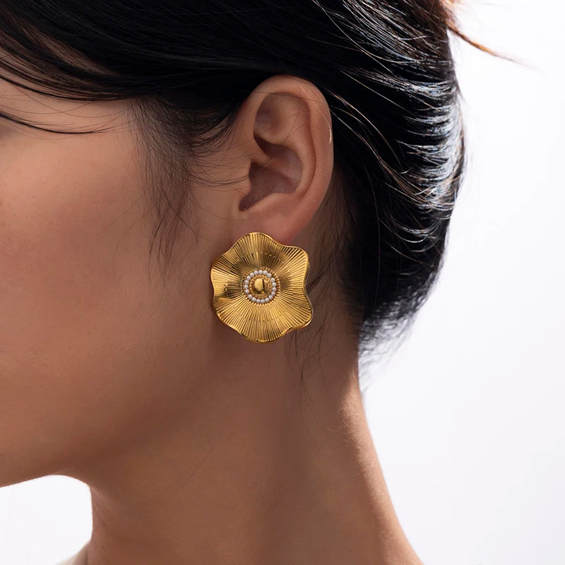 18K Gold Plated Stainless Steel Vintage Sunflower Geometric Statement Chunky Stud Earrings Pearls Charm Jewelry for Women