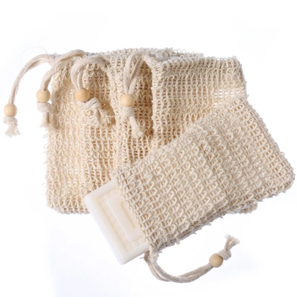 Eco Friendly Pouch Mesh Foaming Bubble Net Soap Bags Saver Cotton Natural Sisal Foam Bath Mesh Sponge Exfoliating Soap Bags