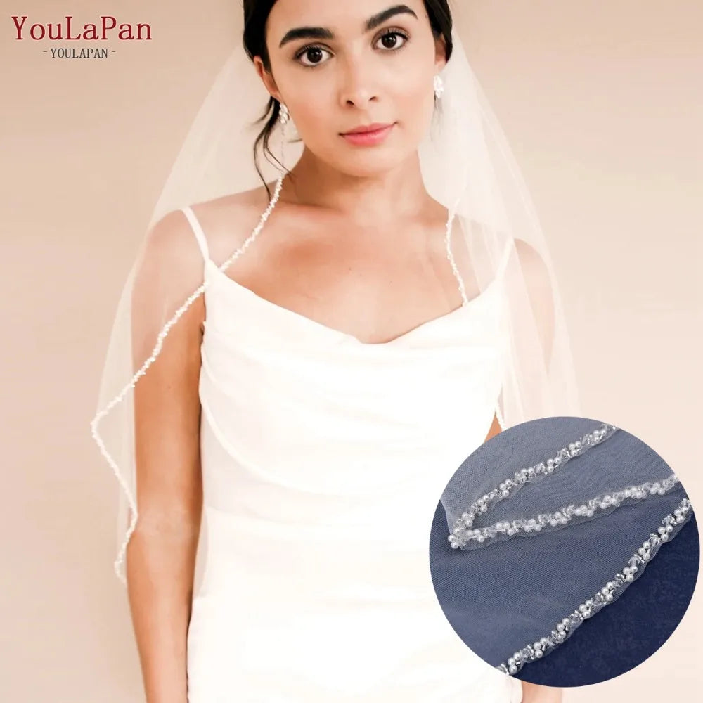 YouLaPan V175 R Fashion Bridal Beaded Veil Fingertips Long Crystal Pearl Trim Short Single Layer Veil Ivory Church Wedding Veil