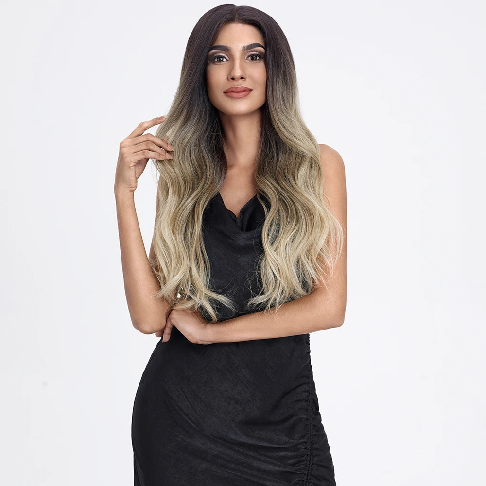 Natural Ombre Color 360 Lace Frontal Body Wave Cosplay Wigs Heat Resistant African American Synthetic Hair Wigs for Black Women