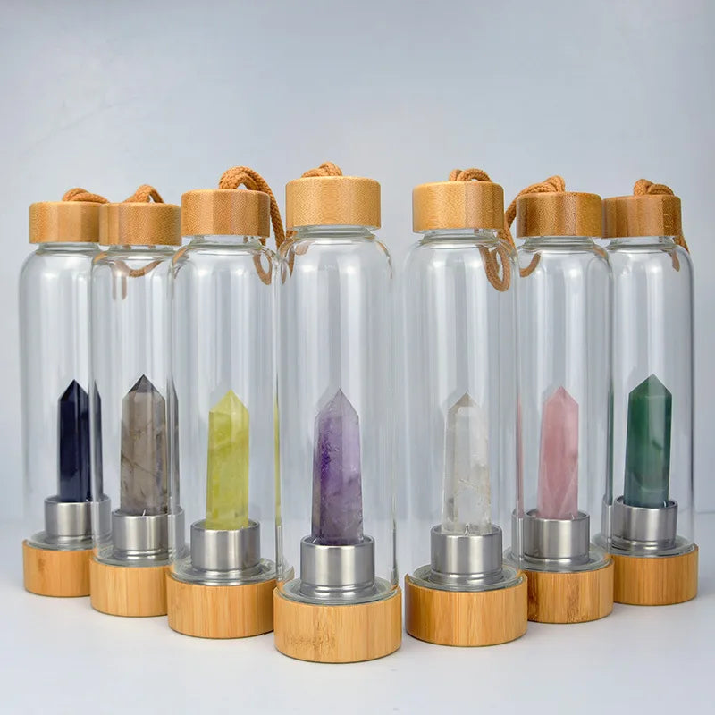 BPA Free Wholesale Crystal Quartz Inside High Borosilicate Glass Water Bottle With Cover