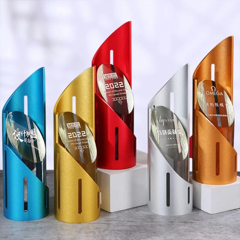 Gold Silver Bronze Red Blue Metal Holder Cylinder Crystal Trophy Awards MH-NJ0311