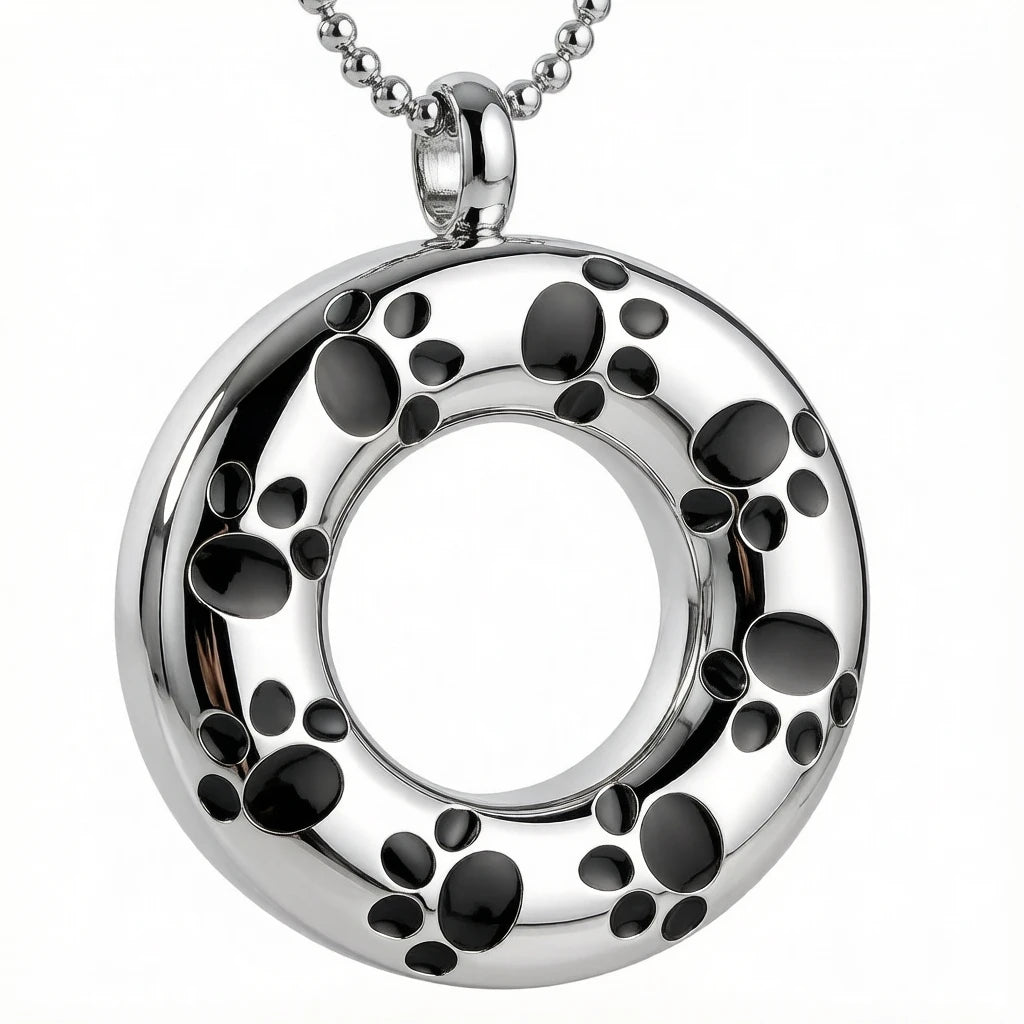 Paw Print Round Circle Cremation Urn Necklace Pendant Pet Dog Cat Ash Memorial Stainless Steel Keepsake Funeral Holder Urn
