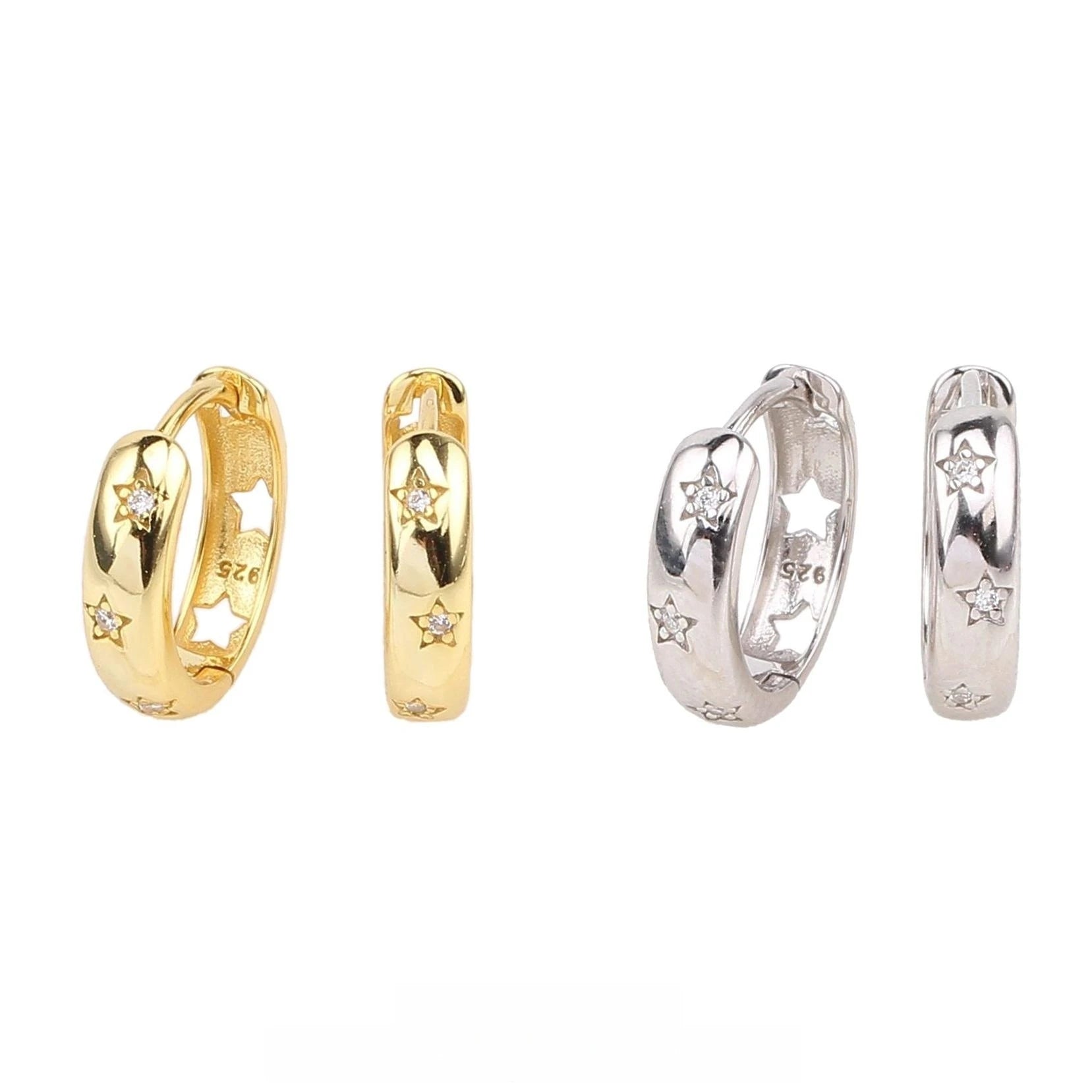 Inlay Cubic Zirconia Huggie Jewelry Hollow Star 18K Gold 925 Sterling Silver Hoop Earrings Women