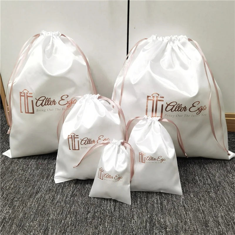 Custom Rose Gold Logo Jewelry Packaging Underwear Satin Dust Pouch White Silk Lingerie Drawstring Satin Bag for Hair Bundles
