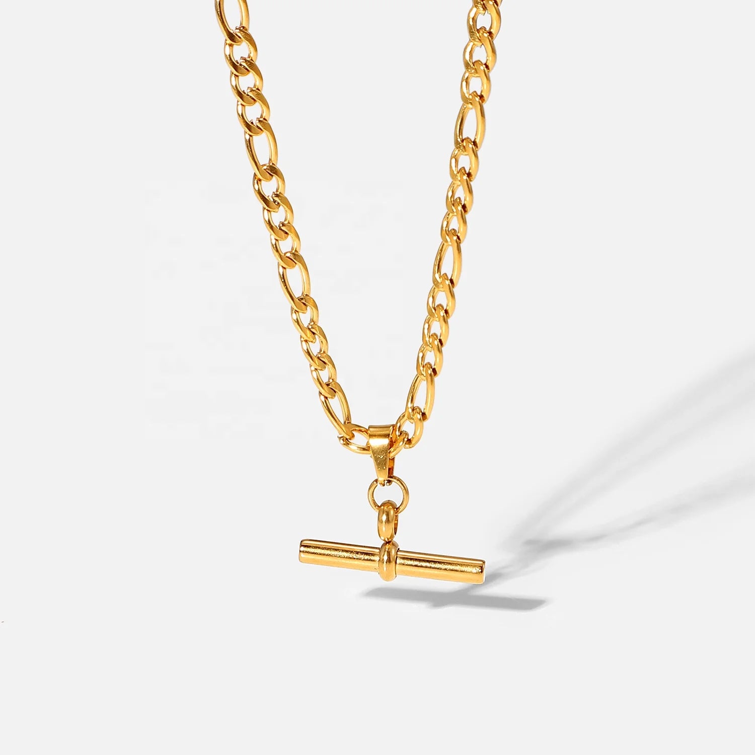 Tarnish Free 18K Figaro Chain T-bar Pendant Necklace Stainless Steel T-bar Necklace for Women