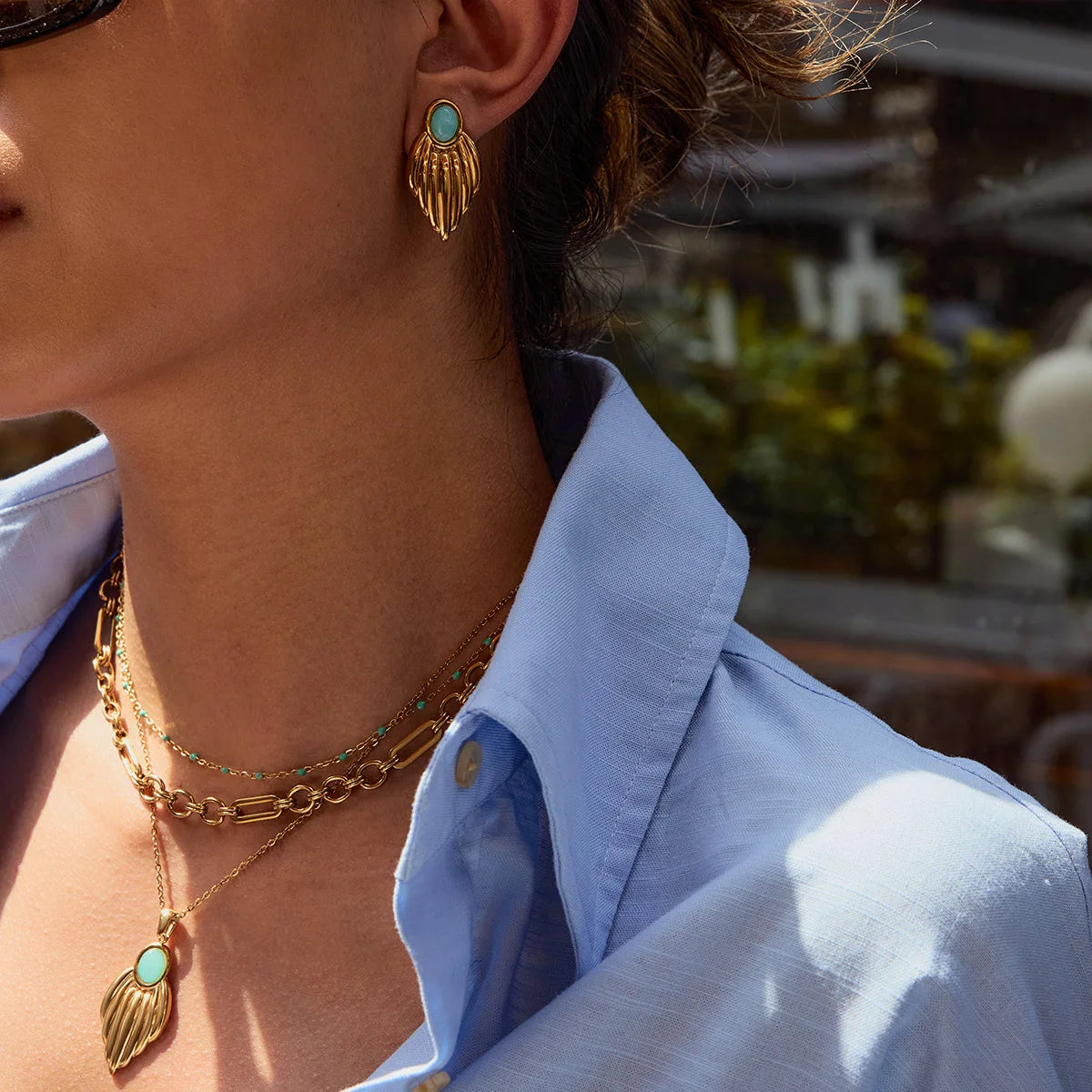 Designer Women Niche Earrings 18K Gold Stainless Steel Blue Stone Glossy Leaf Pendant Necklaces Earring Set