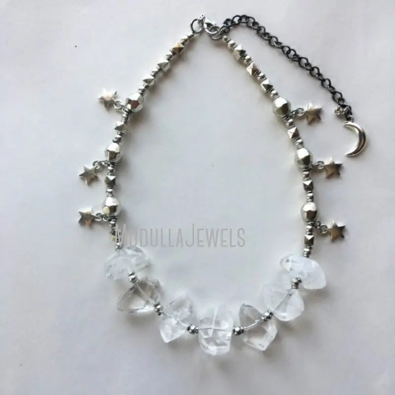 NM45384 Clear Crystal Star Beaded Necklace Silver Plated Moon Choker Witch Wicca Fairy Celestial Adjustable Jewelry