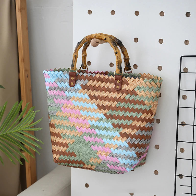 Large Capacity PP Woven Plastic Rattan Open Tote Bag Two Straps Casual Durable Lightweight Waterproof Straw Picnic Flexible