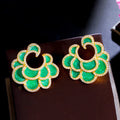 Irregular Exaggerated Multiple Green Enamel Flower Shape Gold Plated Cubic Zircon Big Drop Retro Wedding Earrings for Women
