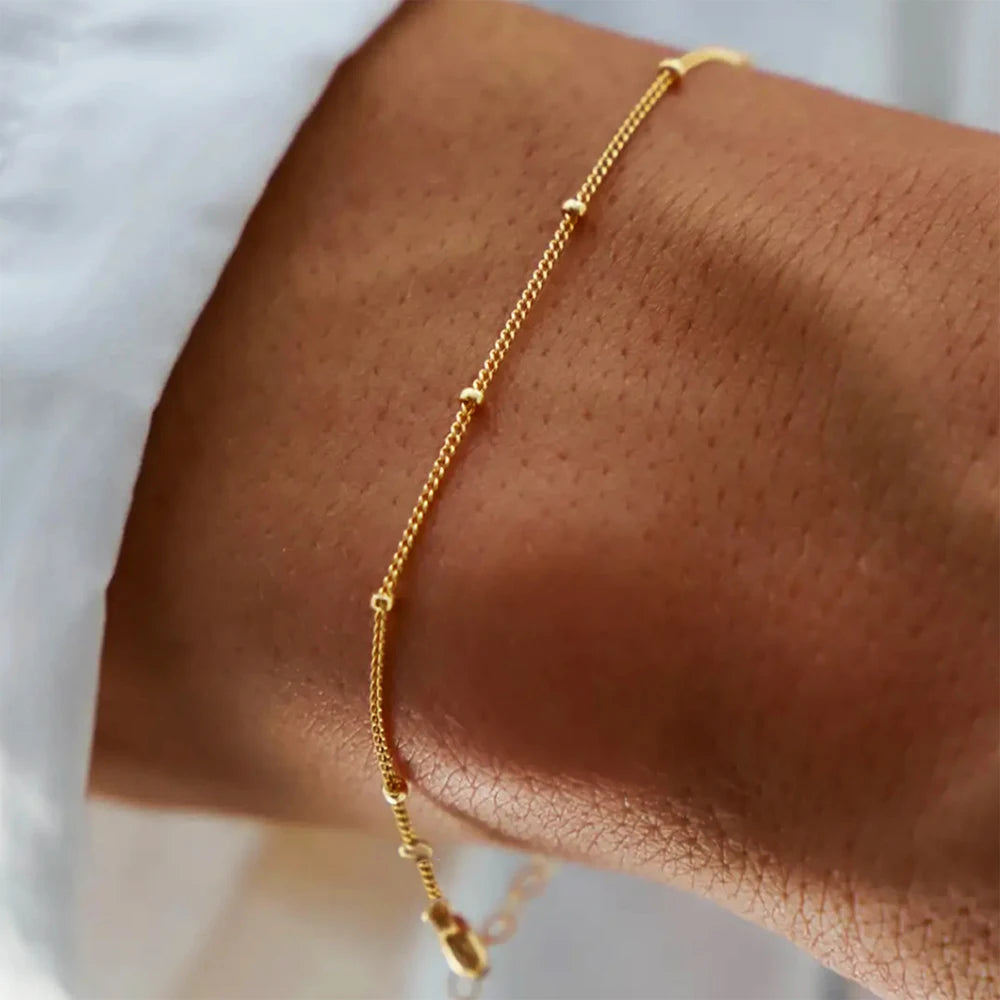 Wholesale Simple Versatile 14K Gold Plated 925 Sterling Silver Dainty Classic Beads Chain Stacking Bracelet Fashion Jewelry