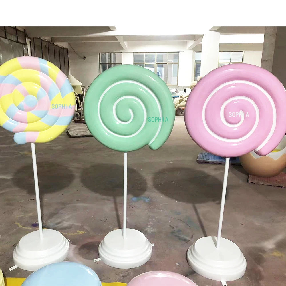 Customized Party Decoration Props Fiberglass Big Lollipop Sculptures/resin Lollipop Sticks/cotton Candy Sculptures