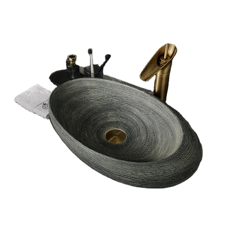 Jingdezhen High Temperature Grey Countertop Ceramic Oval Washbasin Contemporary Design 12L Capacity Water Resistant Bathroom