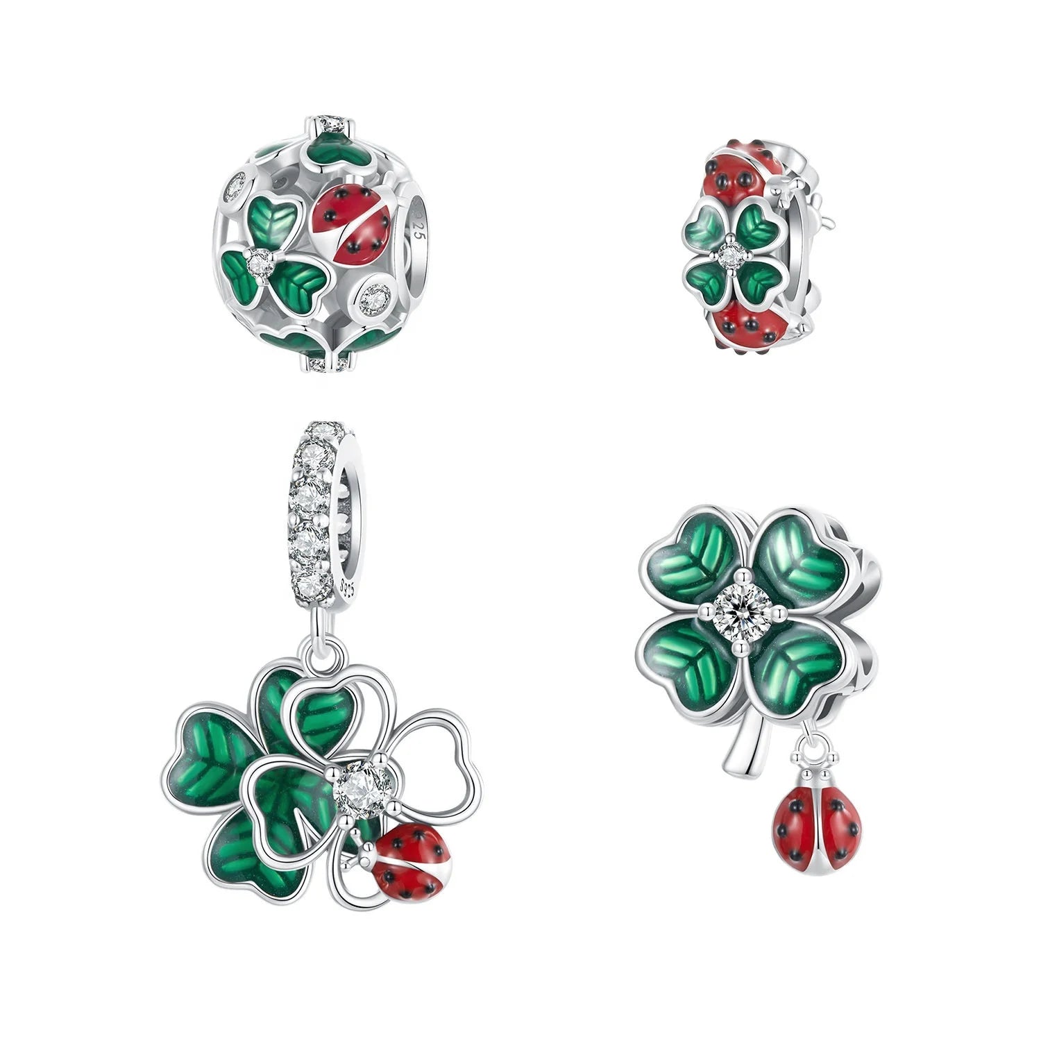 Factory 925 Sterling Silver Enamel Four-leaf Clover Charm Silicone Ladybug Stopper Beads Fit Bracelet Women Spring Gift