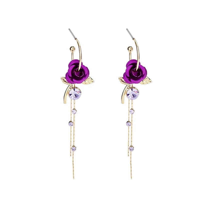Fashion Jewelry Purple Rose Flower Tassel Earrings Women