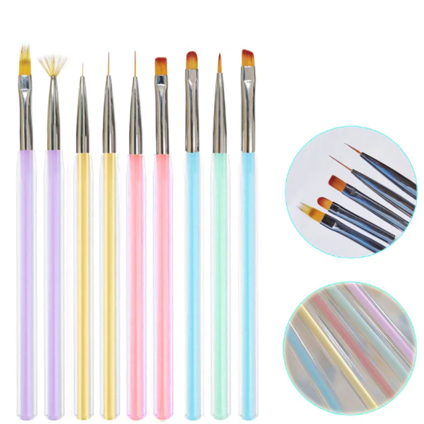 9pcs Acrylic Nail Art Brush Painting Drawing Ombre Fine Nail Liner Pen Nylon Nail Brush Set