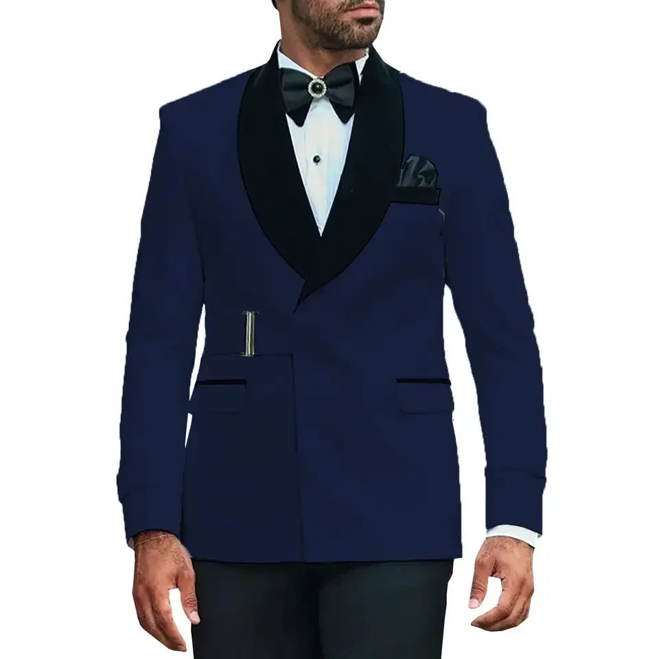Latest Design Navy  Men's Suits With Buckle Regular Fit 2 Piece Tuxedos Velvet Shawl Lapel Wedding Groom Blazer Pants for Men