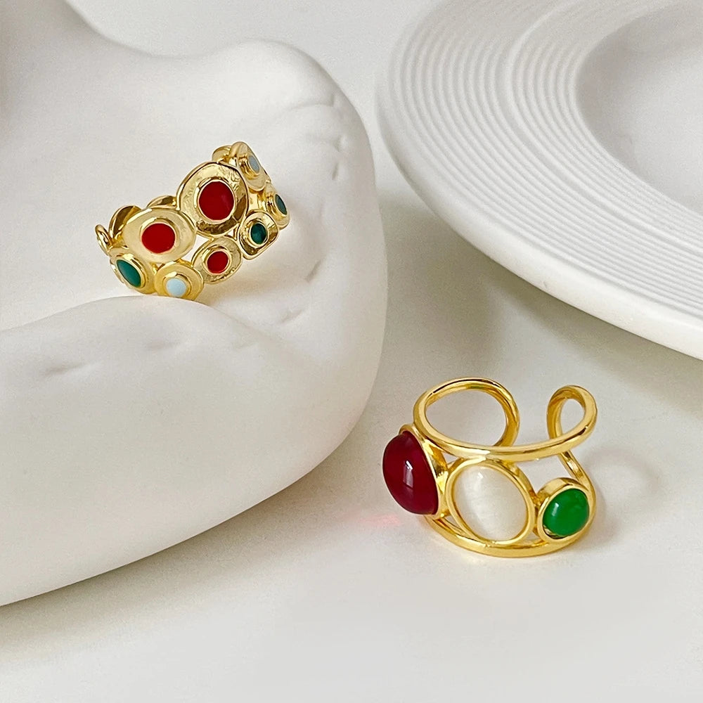 Vintage Double Layer Wafer Glazed Rings 18K Gold Plated Stainless Steel Rainbow Cat Eye Stone Inlay Coil Finger Rings