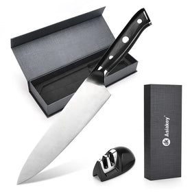 Professional 8 Inch German X50CrMoV15 Stainless Steel Meat Vegetable Knife With Ergonomic Handle and Knife Sharpener
