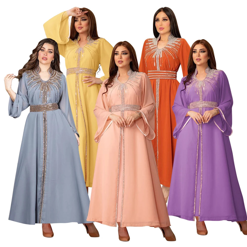New Ethnic Fashion Moroccan Dubai Kaftan Arabic Abaya Rhinestone Women Jalabiya Chiffon Caftan Muslim Party Maxi Dress