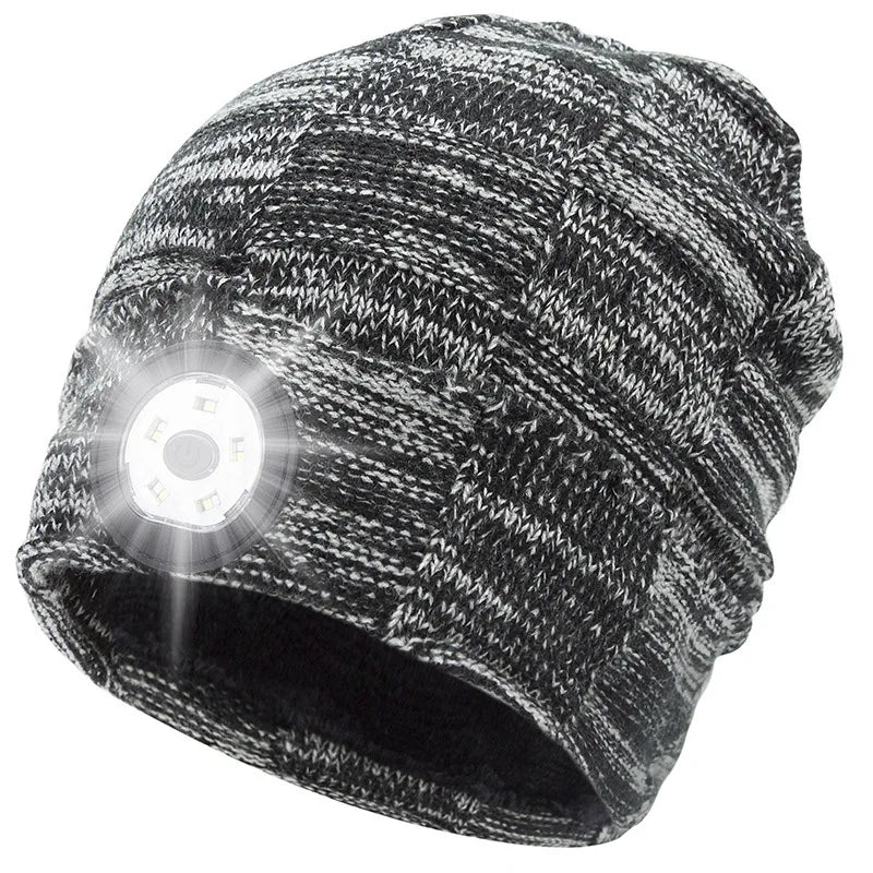 Wholesale Hotsale Linen Gray Large Grid LED Light Cap for Outdoor Night Running Cycling Lighting With Fleece Inside Winter Hat