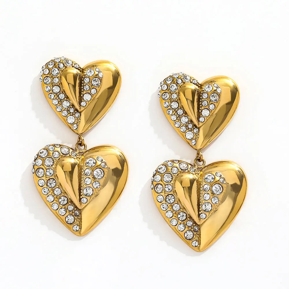High End PVD 18K Gold Plated Waterproof Zirconia Half Pave Heart Dangle Tassel Earring Stainless Steel Fashion Jewelry Wholesale