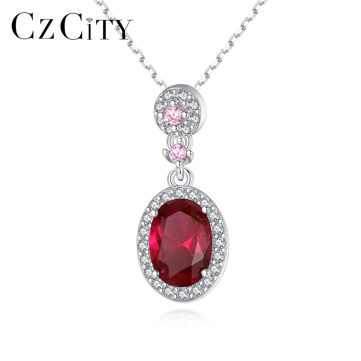 Hot Sale High-end Micro Pave Solid 925 Sterling Silver Necklace Oval Zircon Ruby Gemstone Diamond Pendant Necklace