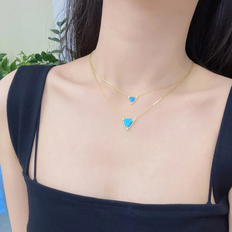 YILUN 925 Sterling Silver Double Layered Triangle Blue Opal Necklace High Quality Gold Plated Minimalist Necklace for Women