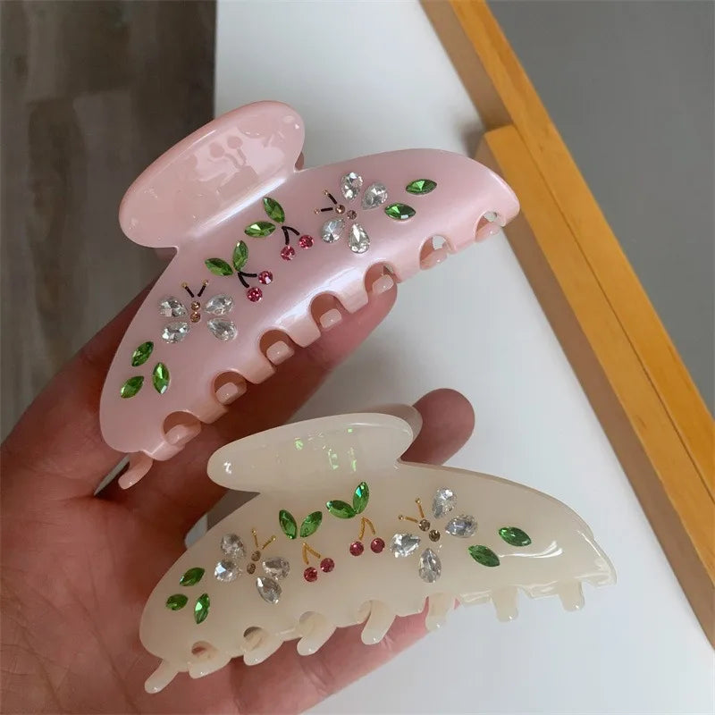 Customized Elegant French Acetate Hair Claws Exquisite Luxury Rhinestone Butterfly Hair Claws Cute Cherry Hair Claw