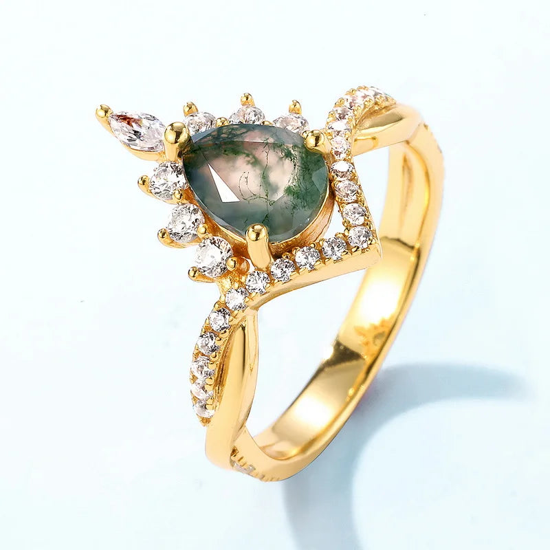 Wholesale Luxury Gemstone Vintage Jewelry Moss Agate Engagement Ring Set 925 Sterling Silver Wedding Agate Stacked Rings