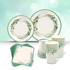 24 Guests Printed Disposable Sage Green Paper Plates Set Jungle Theme Party Paper Cup Plate Set for Wedding Party Decor