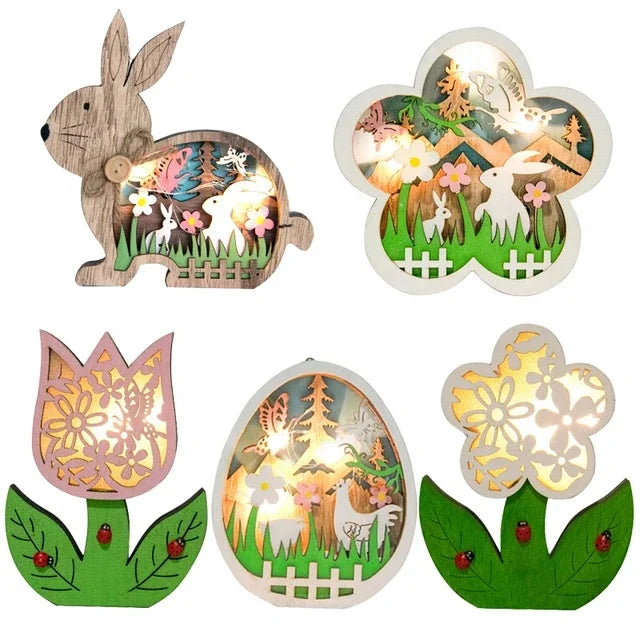 3D LED Light Easter Decorations Happy Easter Desktop Decoration with Wooden Rabbit Egg Flower Ornaments Wood Crafts Wall Signs