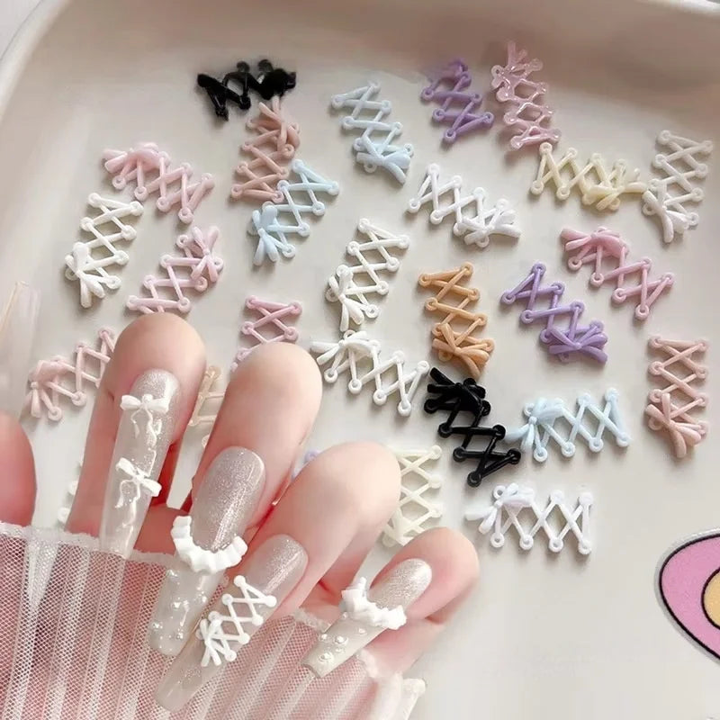 Paso Sico 30Pcs French Ballet Shoelace Resin Rill Soft Carving Cross Strap Bow Nail Art Jewelry in Black White Pink Purple