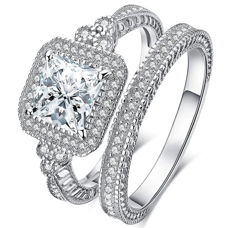 CAOSHI Custom OEM  Square Shaped Princess Cut Crystal Cubic Zirconia 2pcs Set Couple Ring for Women Silver Plated Wedding Rings