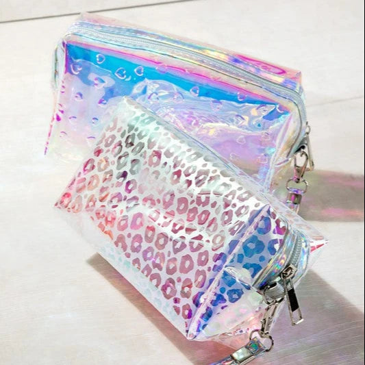 Custom PVC Holographic Cosmetic Zip Makeup Pouch With Logo Neon Plastic Zipper Bag Transparent Waterproof Cosmetic Bag