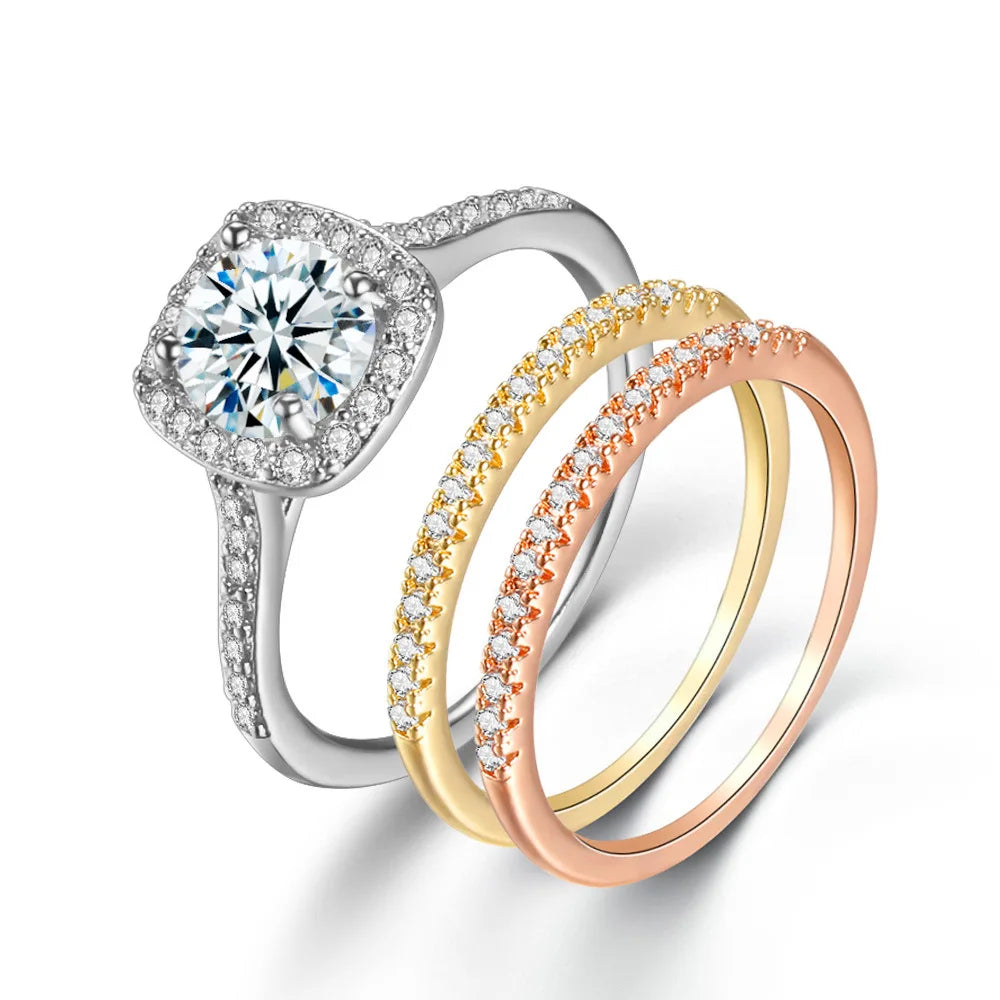 New Popular Women Engagement Ring Zircon Micro Set Gold Plated Ring Hand Ring Set