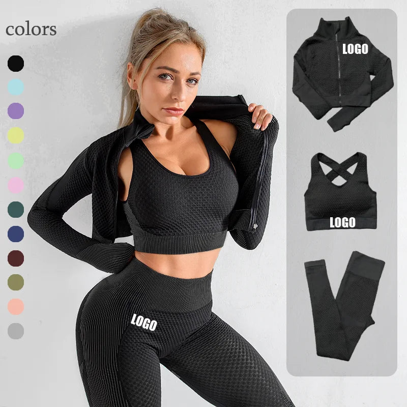 3PC Large Size Yoga Set Custom Printing Logo Running Breathable Seamless Fashion Clothing Women Yoga Legging Sets